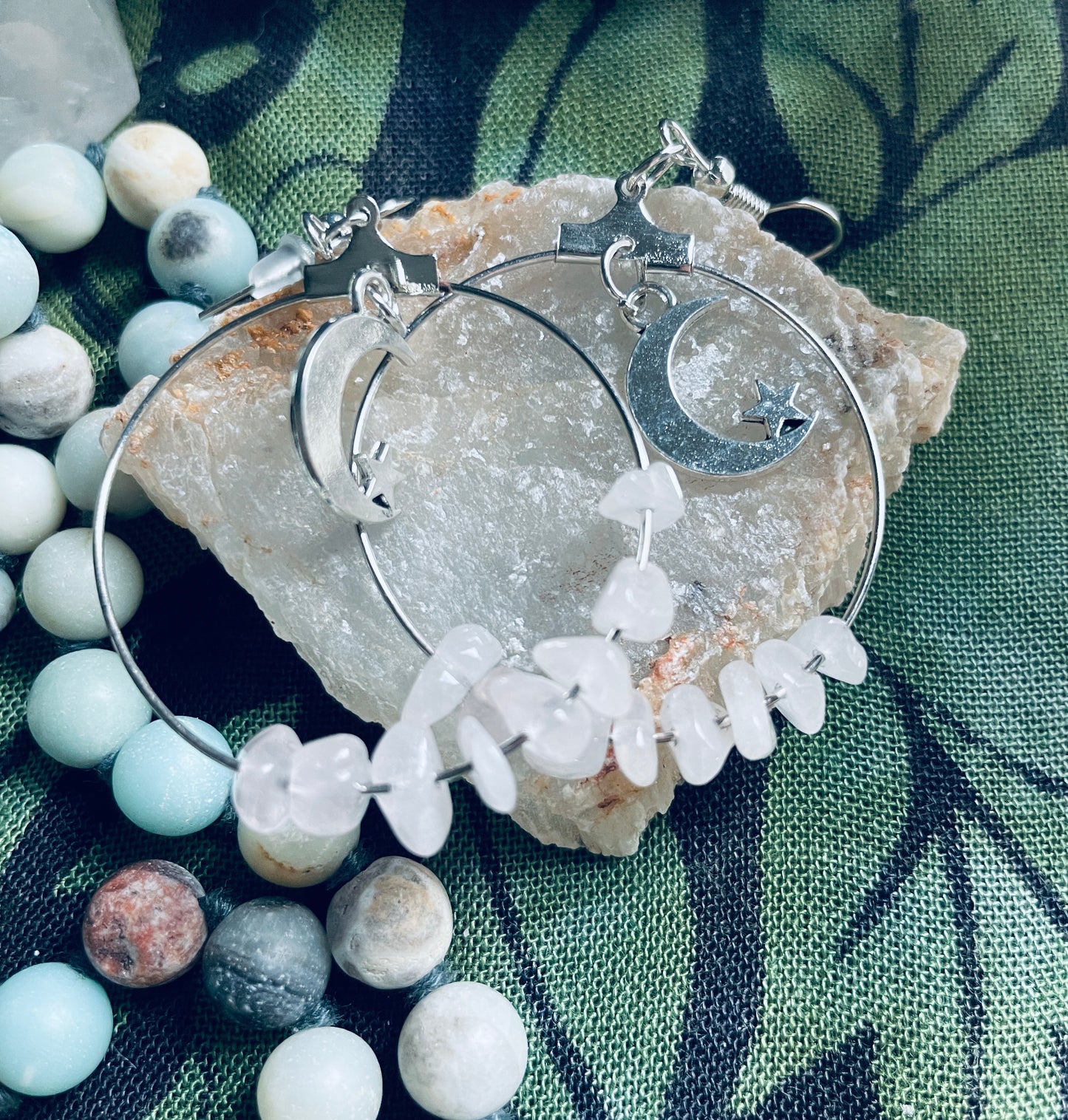 Moon & Stars Rose Quartz Silver Earrings