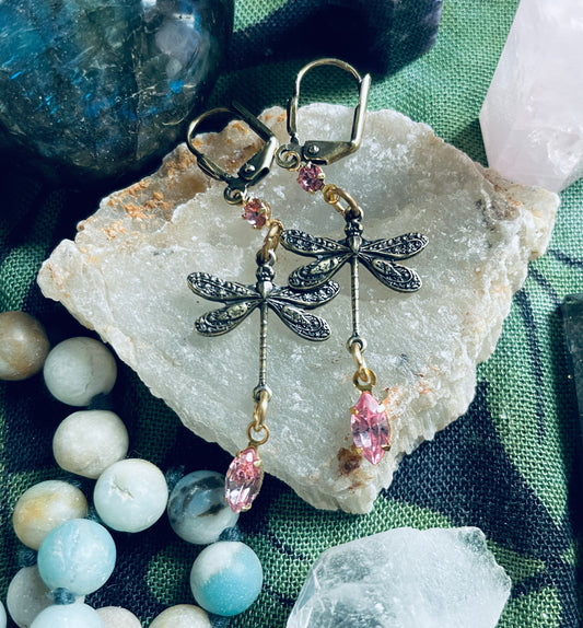 Dragonfly Earrings with Swarovski Crystals, Light Rose
