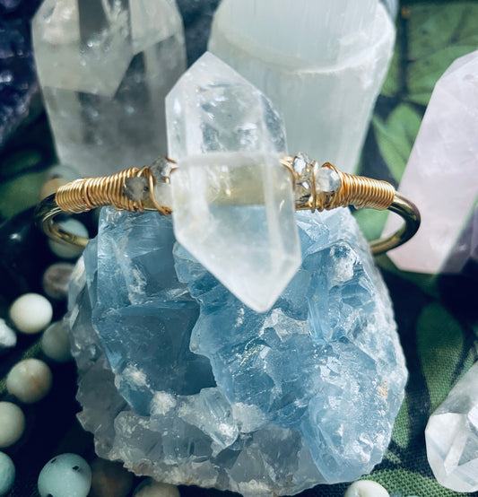 Herkimer Diamond Quartz Rough Gold Bangle Cuff Bracelet